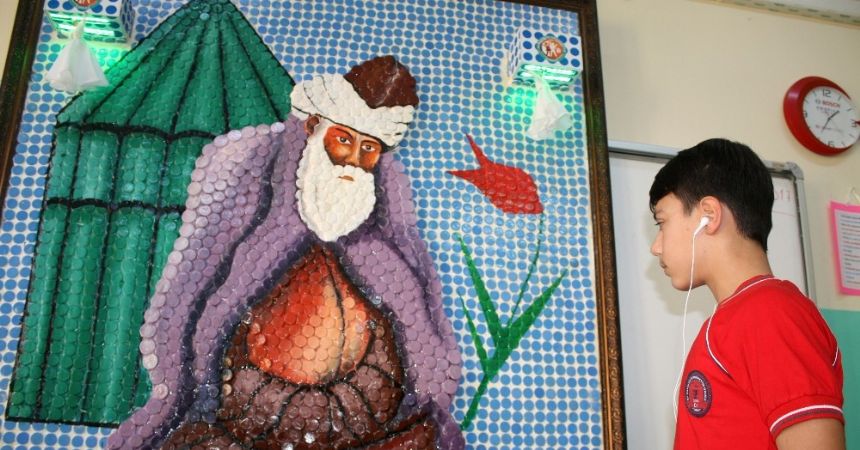 Şişe kapağından Mevlana tablosu yaptılar